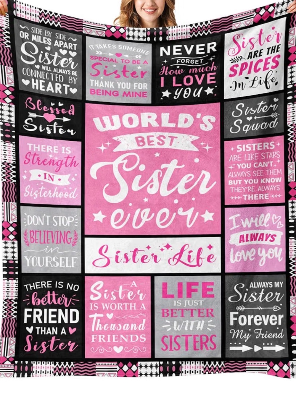 World's Best Sister Ever Pink Patchwork Throw Blanket